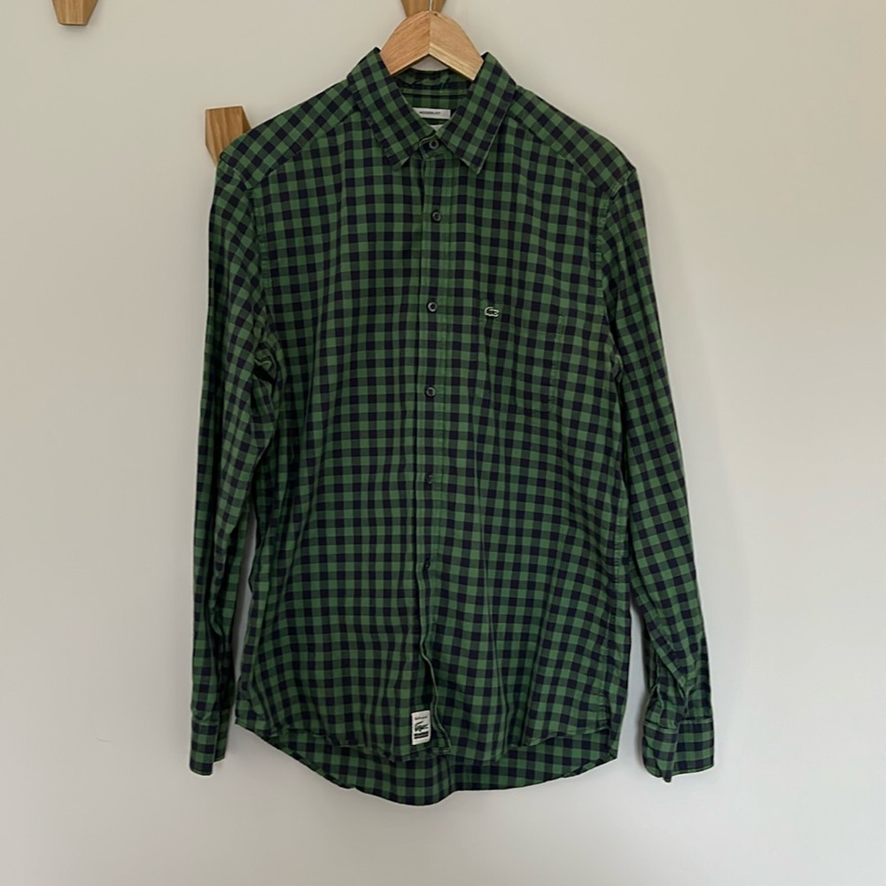 Authentic Lacoste Gingham Green/Navy button down/dress shirt - Size 40(M/Medium)